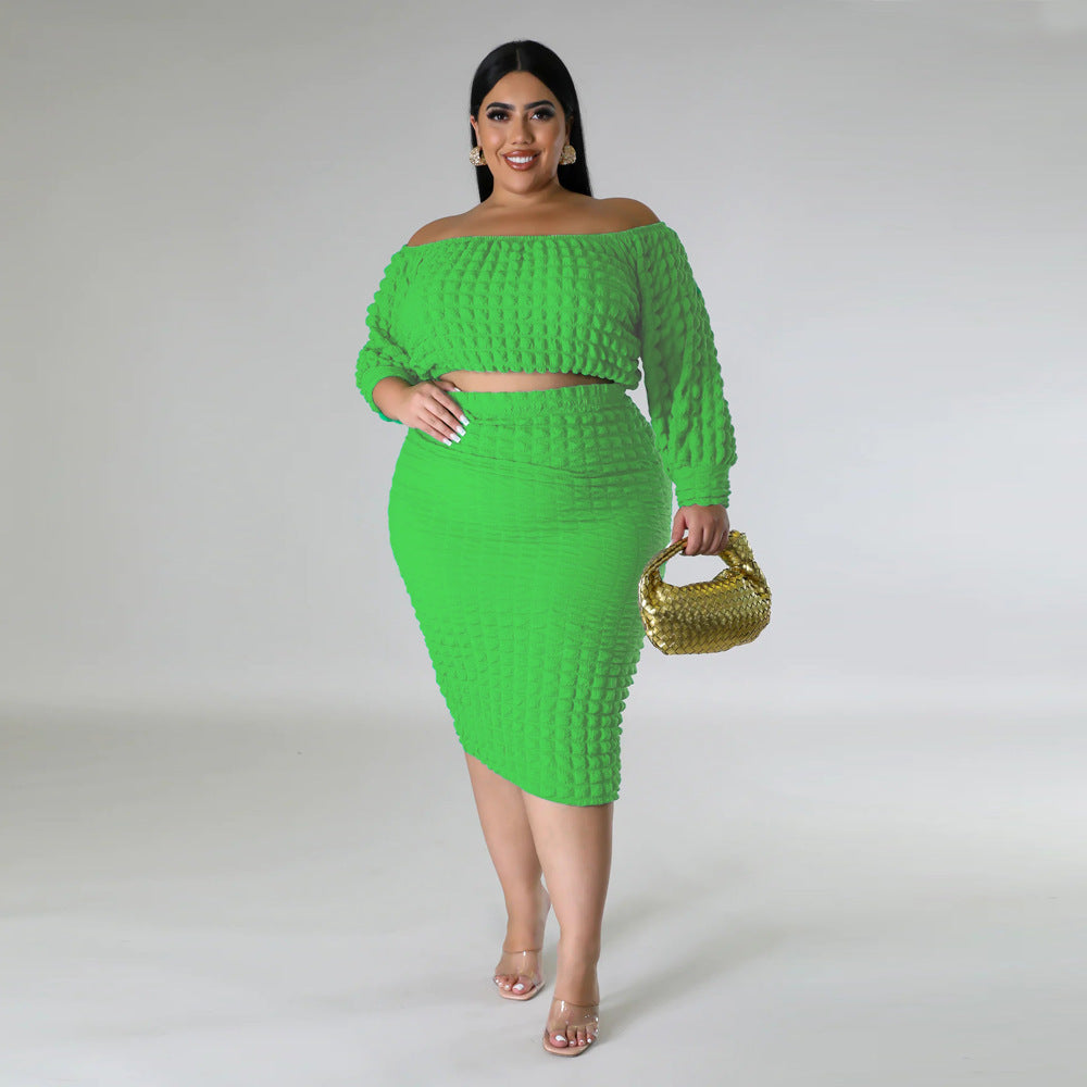 plus Size Women's Clothing Fall New Suit off-Neck Solid Color Bubble Two-Piece Set