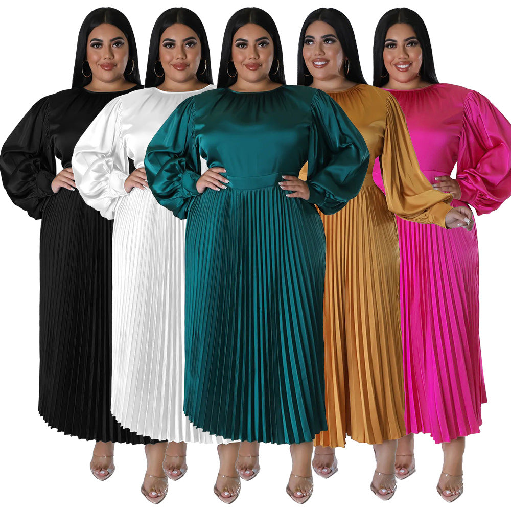 Popular Pleated round-Neck Long Dress Long Sleeve