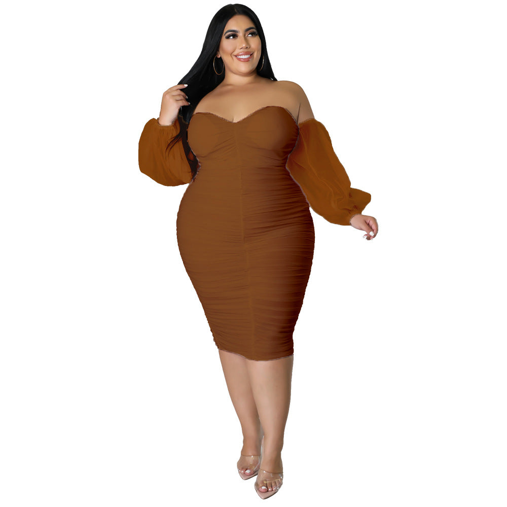 Autumn New plus Size Women's Clothing Dress Skinny Mesh Pleated Long Sleeve