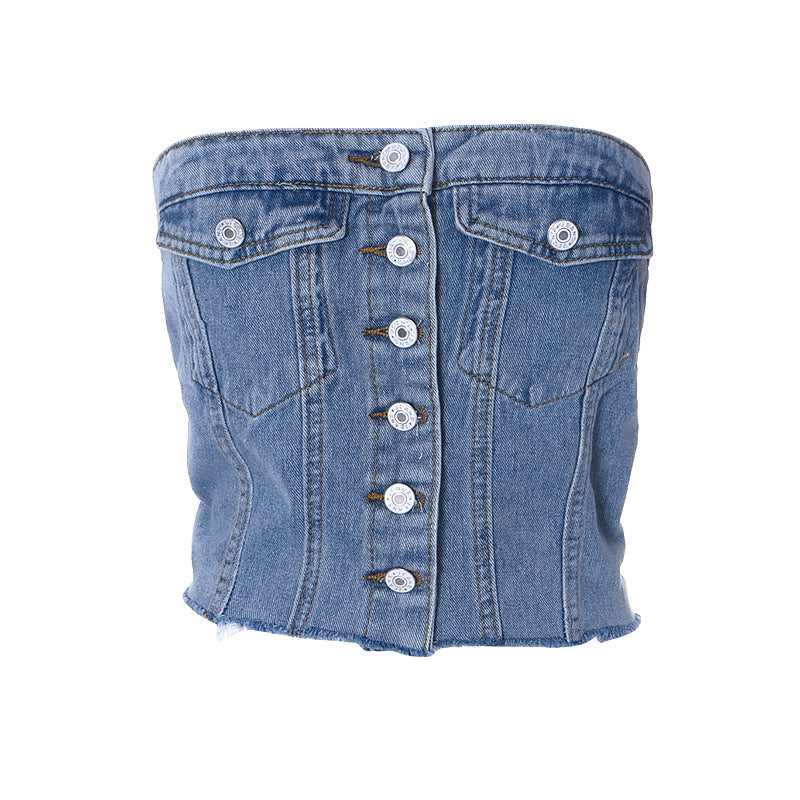 Summer New Fashion Street Fashion Denim Elastic Chest Wrap Button Top