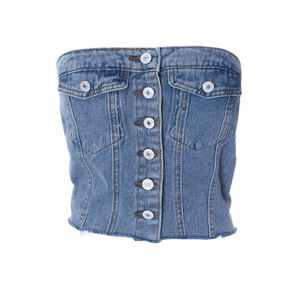 Summer New Fashion Street Fashion Denim Elastic Chest Wrap Button Top