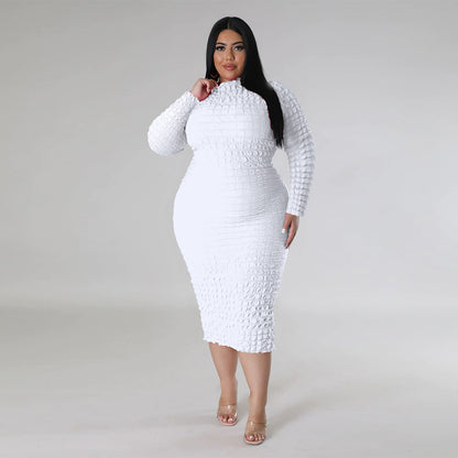 Autumn and Winter New plus Size Women's Clothing Pure Color Tight Bubble Long Sleeve Dress