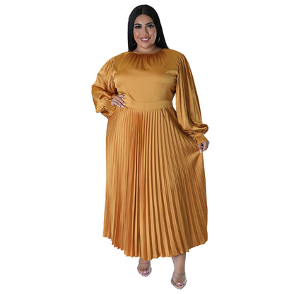 Popular Pleated round-Neck Long Dress Long Sleeve