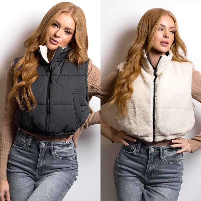 Autumn and Winter New Contrast Color Reverse Sleeveless Vest Casual Cotton-Padded Jacket