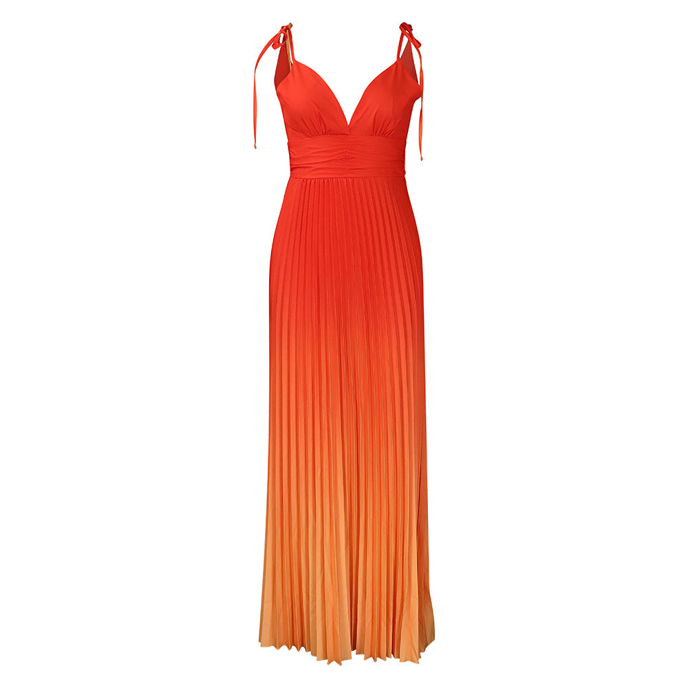 Summer Sling Backless Sexy Lace-up Gradient Color Maxi Dress