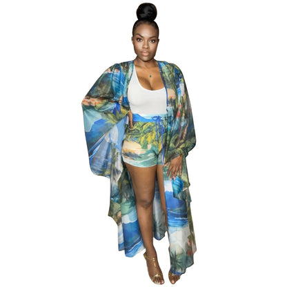 plus Size Women's Digital Slimming Printed Shoulder Covering Vacation Casual Two-Piece Suit