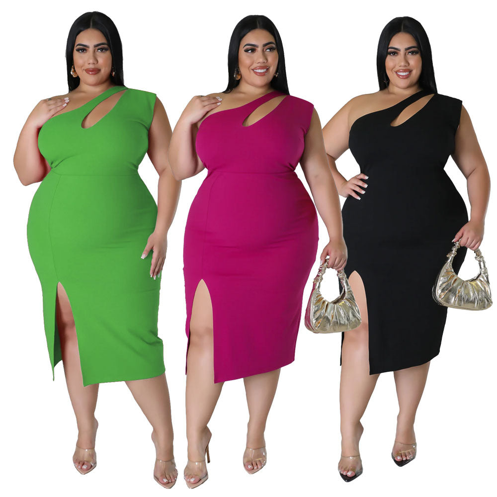 plus Size Women's Tight One Shoulder Split Solid Color Asymmetric Dress