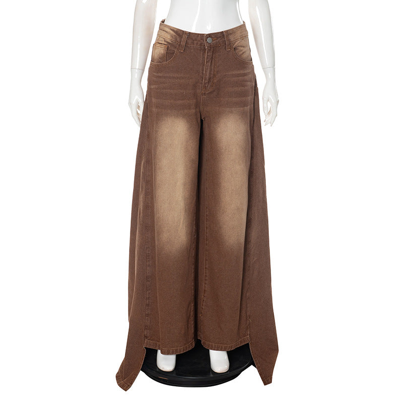 Retro Solid Color Spring and Autumn High Waist Straight Loose Slimming Back Skirt Front Pants Jeans