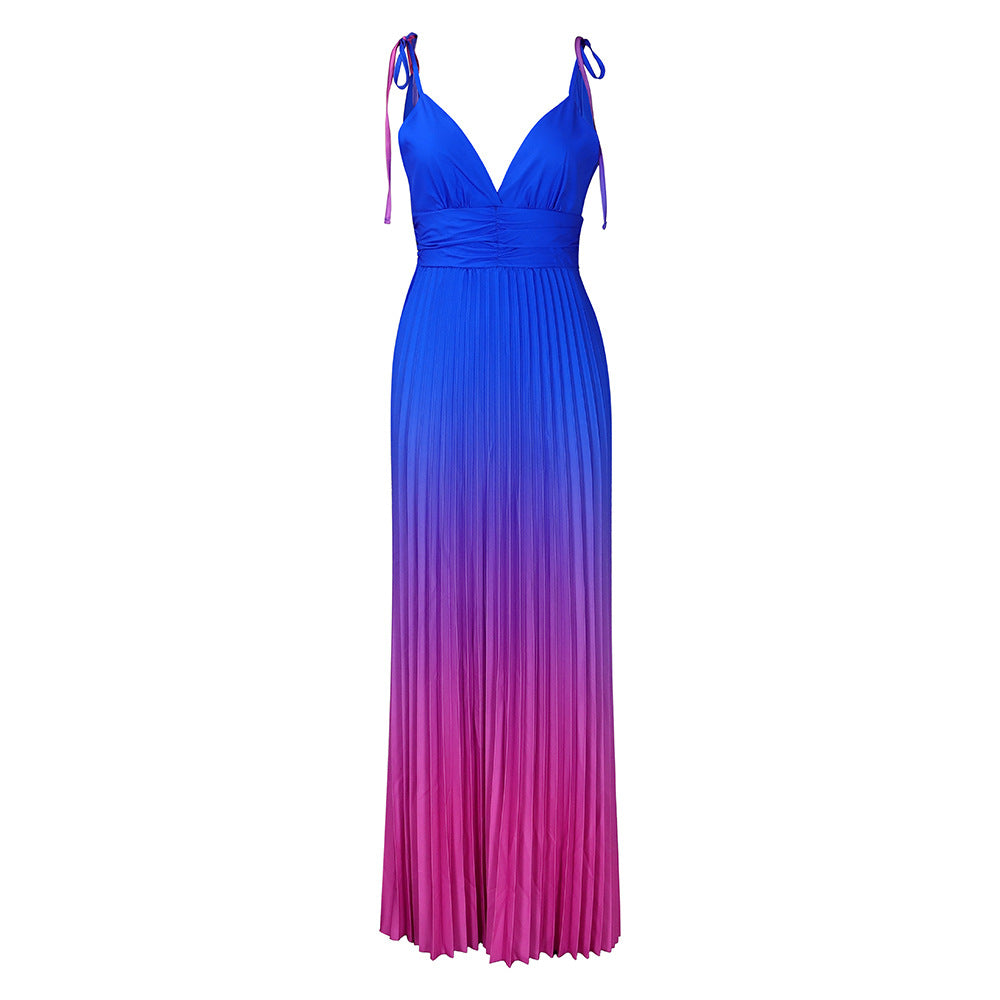 Summer Sling Backless Sexy Lace-up Gradient Color Maxi Dress