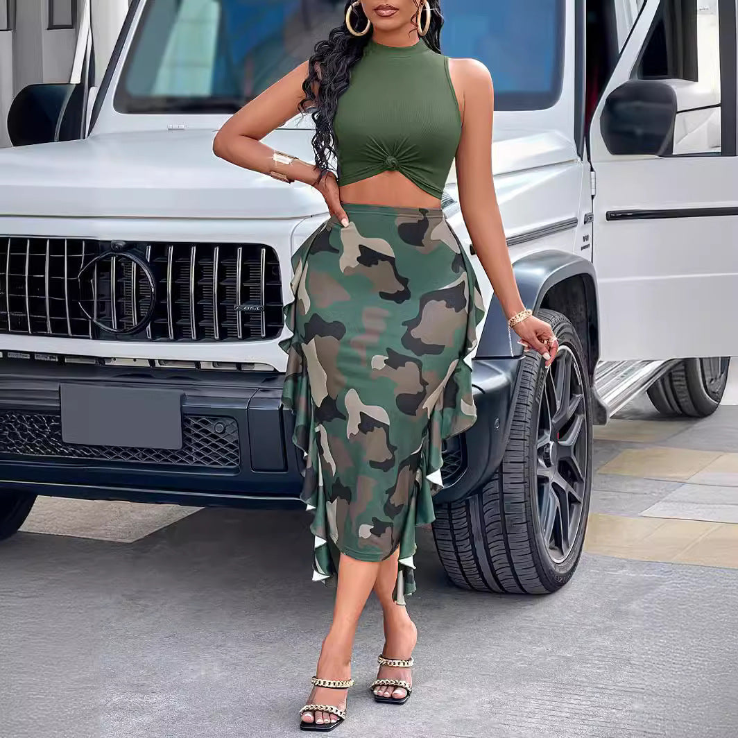 Summer Hot Sale New Women's Casual Bundle Flounced Skirt Camouflage Printing Suit