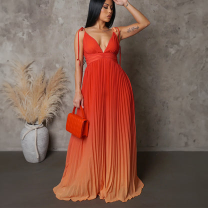 Summer Sling Backless Sexy Lace-up Gradient Color Maxi Dress