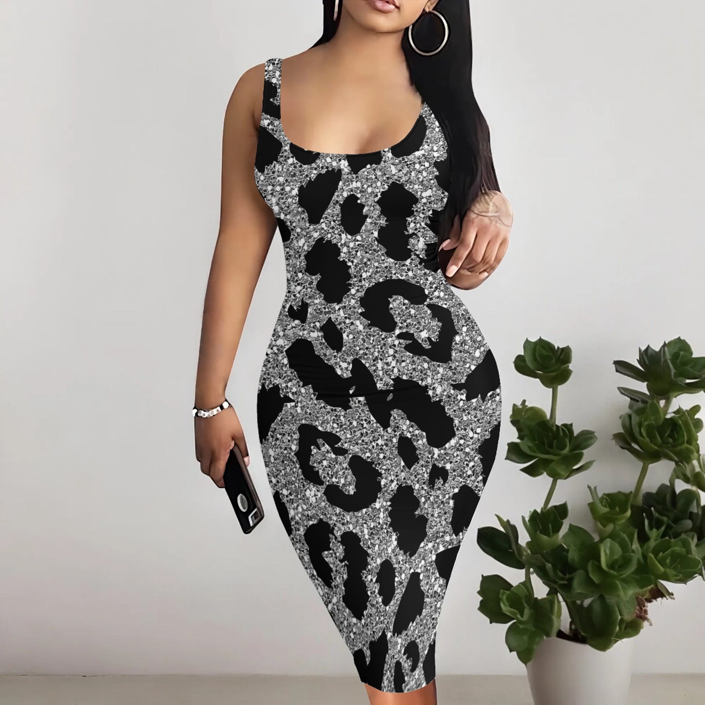 Dress U-Neck Sleeveless Leopard Print Tight Dress