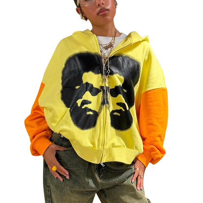 Street Dark Character Printed Hooded Solid Color Hoodie Sports Zipper Cardigan