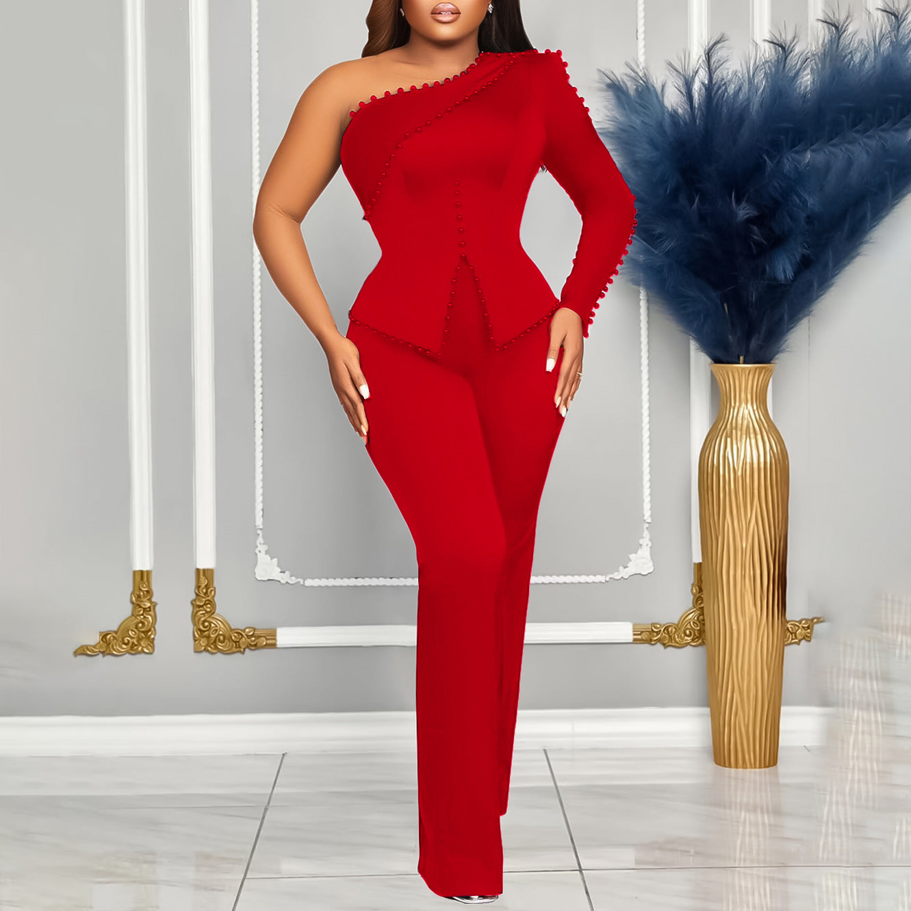 Spring New Two-Piece Set of Diagonal Shoulder Beaded plus Size Suit