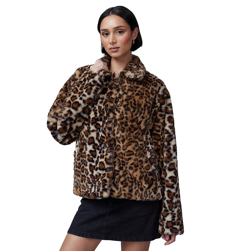 Lapel Warm-Keeping Cotton Clothing Leopard Print Coat Short Zipper Cardigan Lamb Wool Autumn and Winter