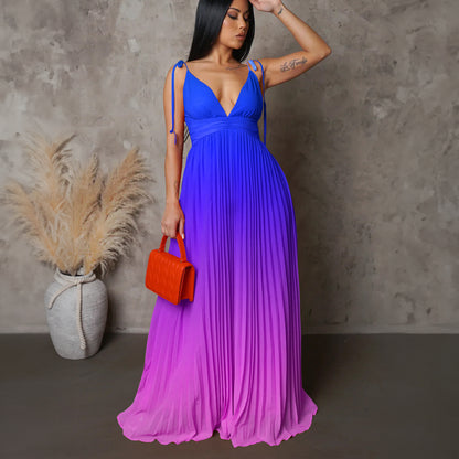 Summer Sling Backless Sexy Lace-up Gradient Color Maxi Dress