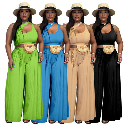 Summer New plus Size Women's Clothing Sexy Vest Wide Leg Two-Piece Set Solid Color Casual Suit