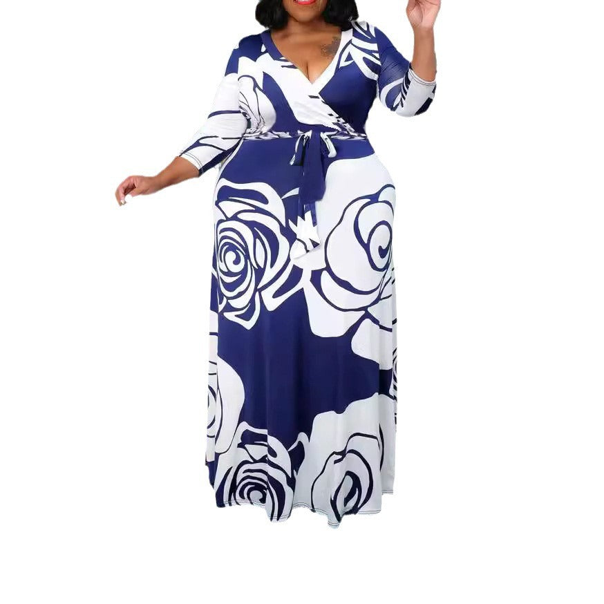 Plus Size Temperament Commute Printing Dress plus Belt