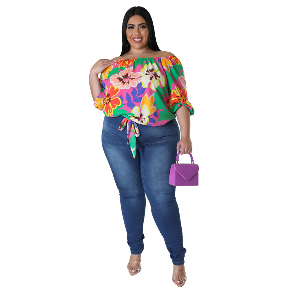 plus Size Women's Summer Casual Loose off Shoulder Printed Top