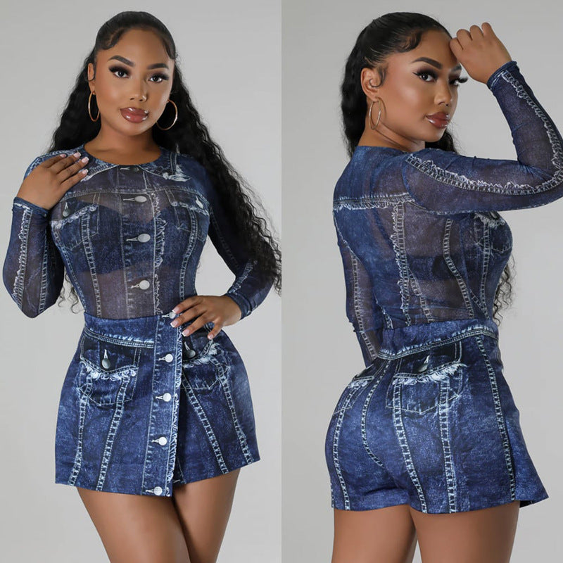 Autumn New Style Denim-like Printed Mesh Jumpsuit Skirt Two-Piece Suit