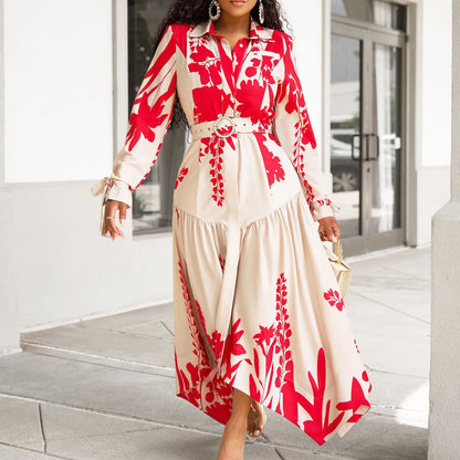 Summer New Long Sleeve Printing Lapel Irregular Loose plus Size Africa Dress