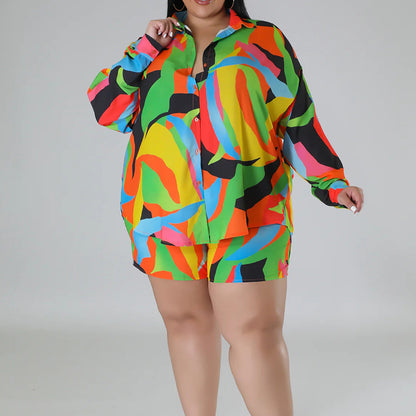 Women's Clothing Printing Lapel plus Size Shirt Shorts Suit