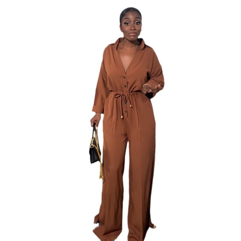 New Solid Color Lapel Long Sleeve Breasted Waist-Controlled Lace-up Wide Leg Jumpsuit