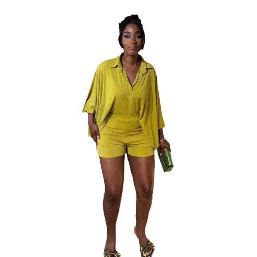 Sexy Solid Color Batwing Sleeve Shirt Loose Two-Piece Suit