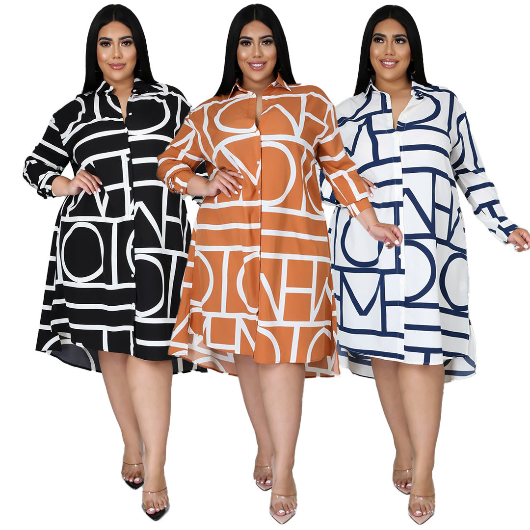 Printed Pleating Waist Shirt plus Size Dress Women