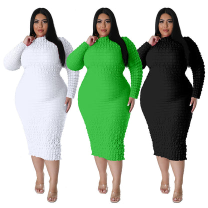 Autumn and Winter New plus Size Women's Clothing Pure Color Tight Bubble Long Sleeve Dress