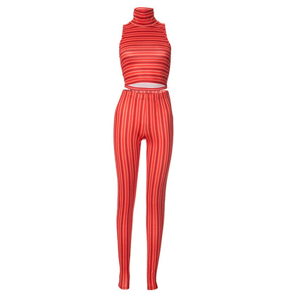 Summer New Striped Print Sleeveless Turtleneck Short Top Tight Trousers Suit