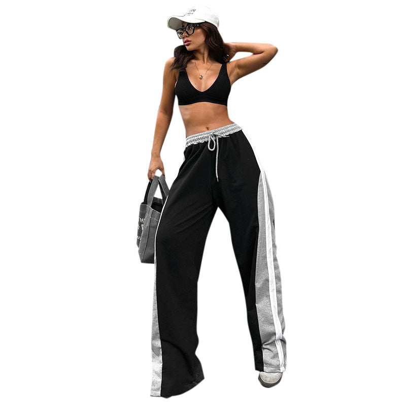 Striped Stitching Contrast Color Straight Casual Loose All-Match Drape Summer Sports Pants