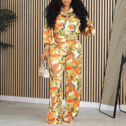 New Stylish Loose plus Size Printed Long Sleeve Shirt Wide Leg Pants Suit