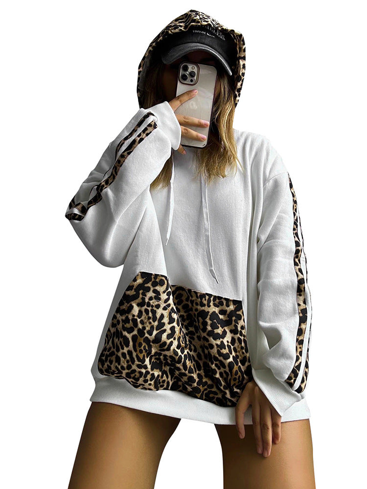 Leopard Splicing Drawstring Pocket Loose Casual Hooded Sweater