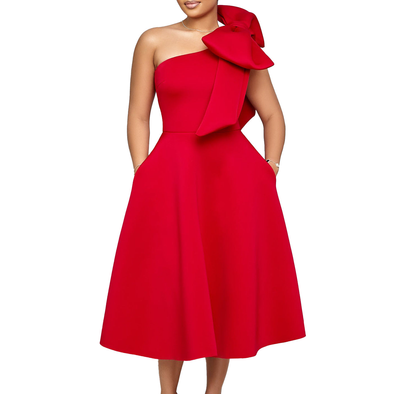 plus Size Women's Summer New Fashion Oblique Shoulder Bow Banquet Dress Large Swing Dress