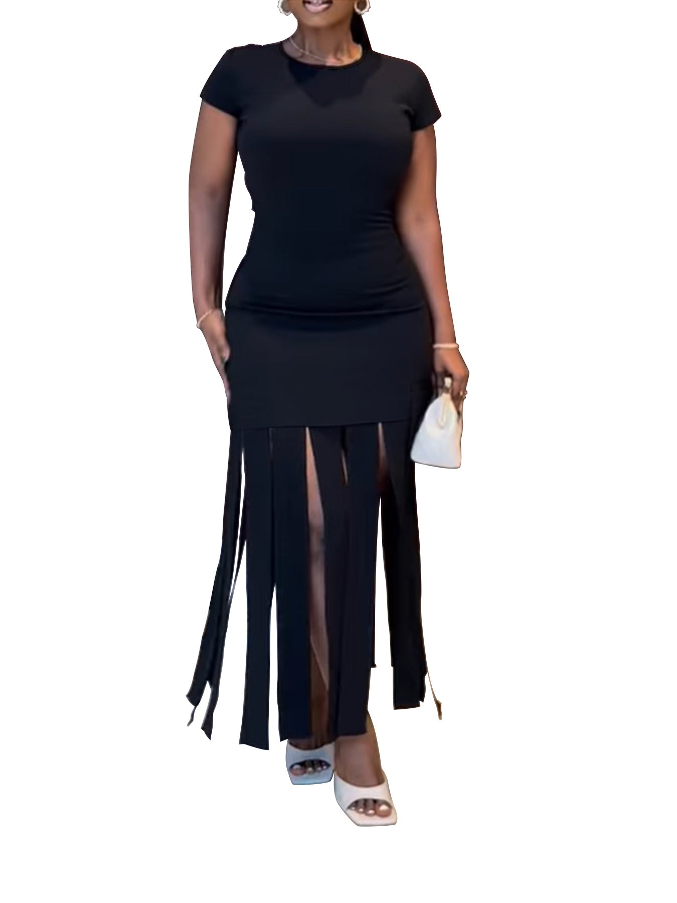 2024 Spring and Summer New plus Size Women's Clothing Dress Slim Solid Color Tassel Bottoming Skirt