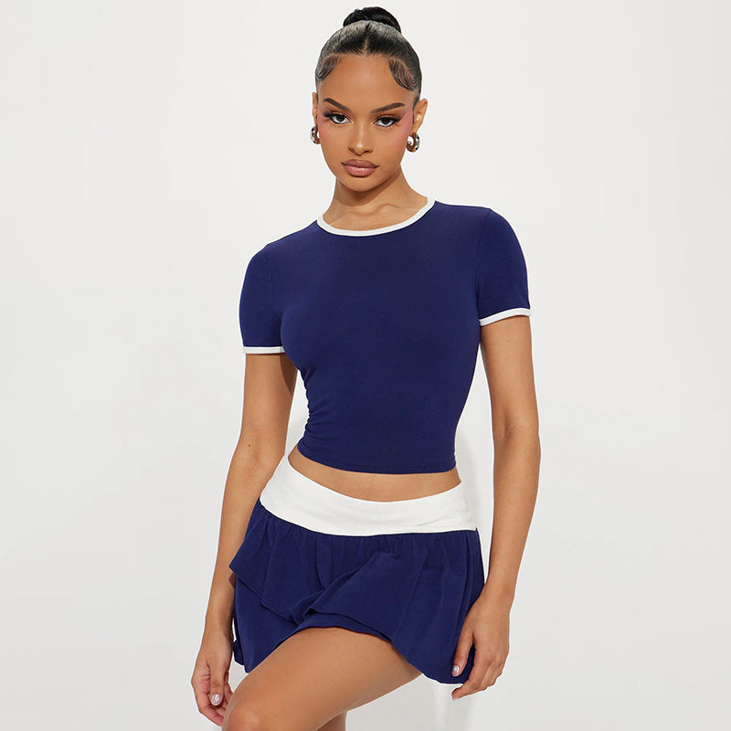 New Fashion Color Contrast Sports Style Top Exposed Navel Low Waist Skirt Outfit