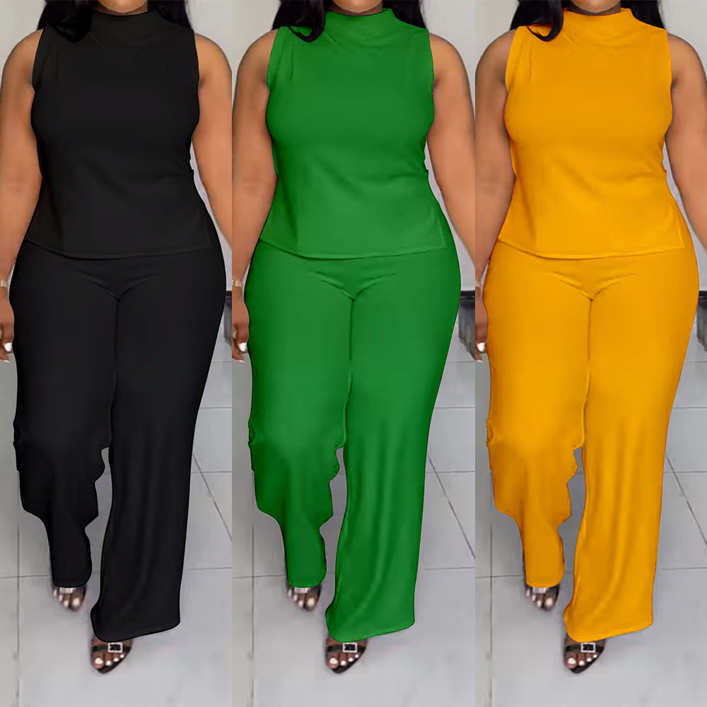 2024 Summer New plus Size Women's Solid Color Casual Sleeveless Trousers Suit