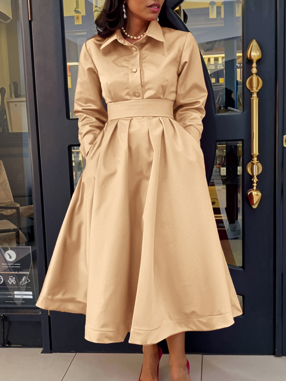 Large Swing Solid Color Lapel Long Sleeve A- line Skirt Dress