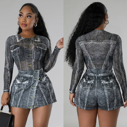 Autumn New Style Denim-like Printed Mesh Jumpsuit Skirt Two-Piece Suit