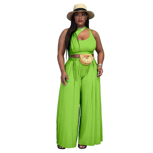 Summer New plus Size Women's Clothing Sexy Vest Wide Leg Two-Piece Set Solid Color Casual Suit