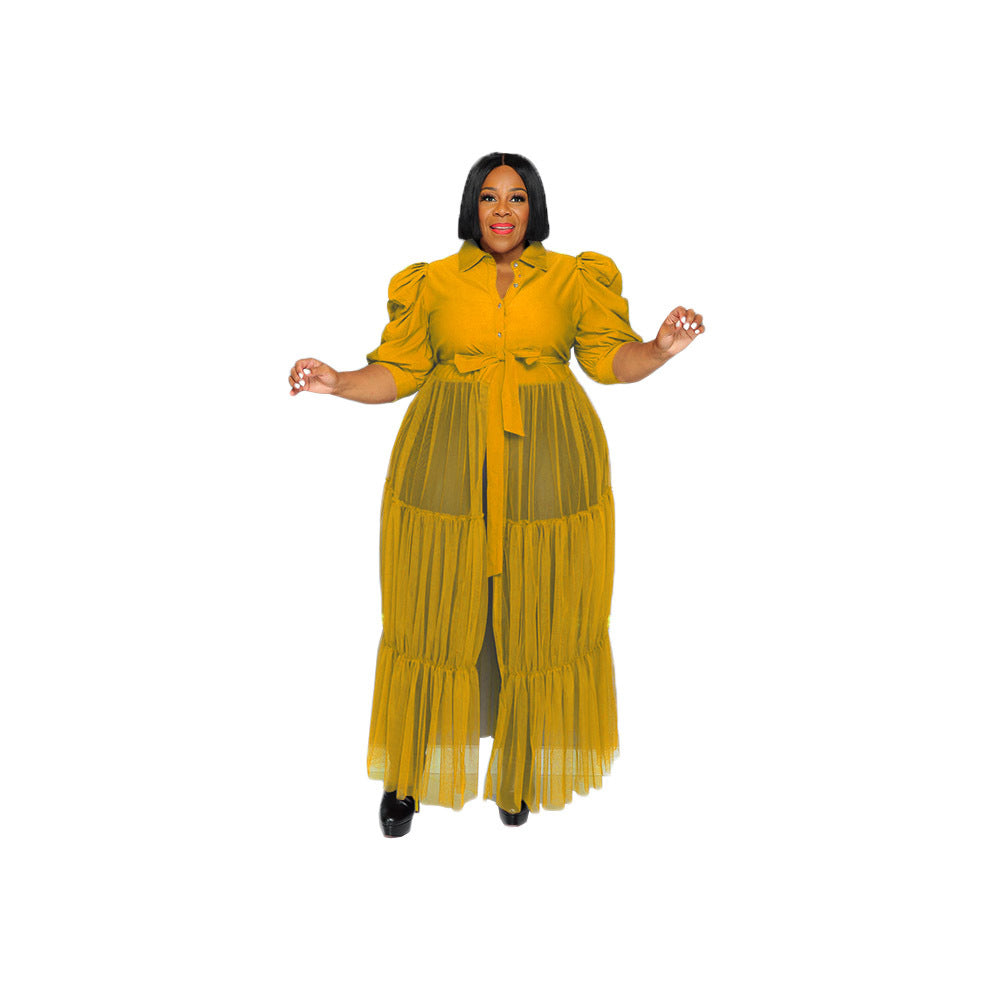 Sheer Mesh Cake Dress plus Size Belted Breathable Short Sleeve Jumpsuits