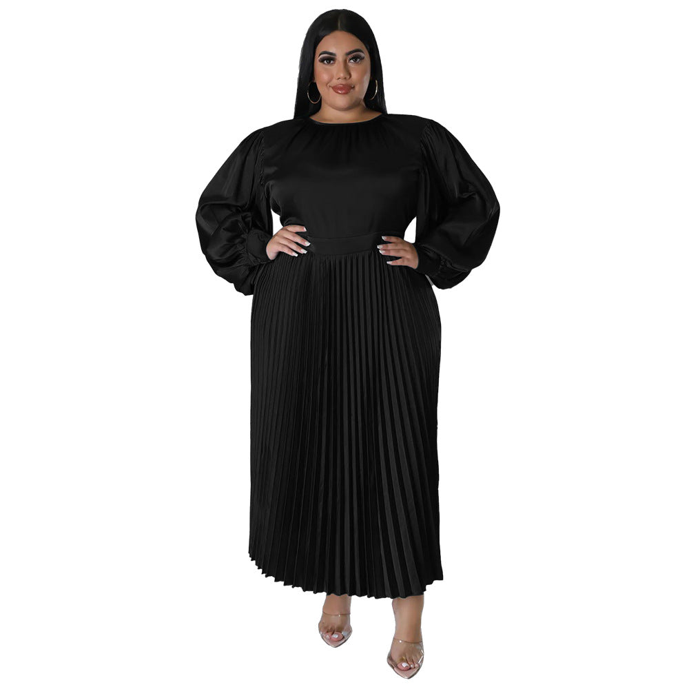 Popular Pleated round-Neck Long Dress Long Sleeve