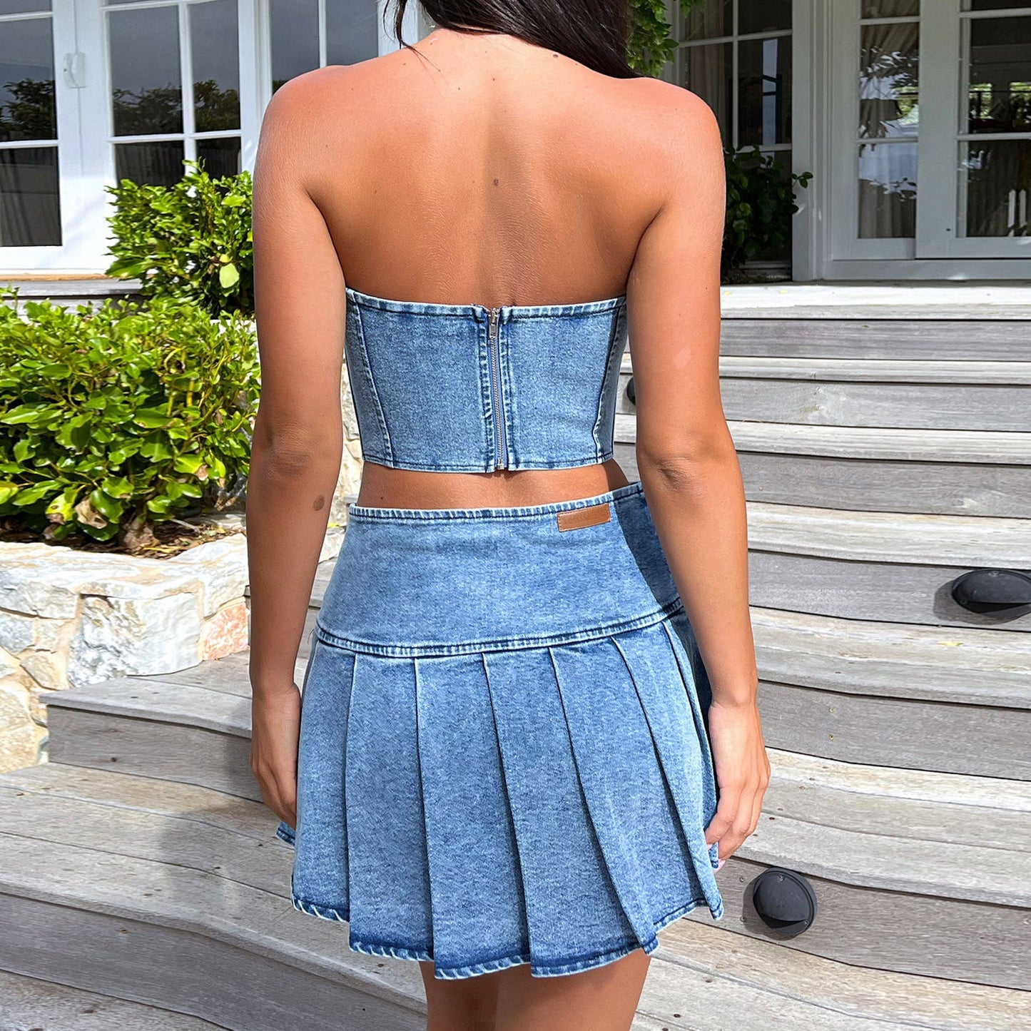 Summer Tube Top Denim Suit Sleeveless Sexy Bare Midriff High Waist Split Skirt New