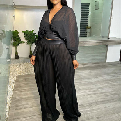 Summer Long Sleeve V-neck Batwing Sleeve Top Pleated Pleated Wide-Leg Trousers Beautiful Two-Piece Suit