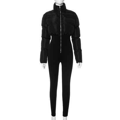 Women's Winter New Street Fashion Stretch Tight Zipper Thermal Cotton-Padded One-Piece Trousers