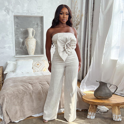 Sweet Tridimensional Corsage Decoration Tube Top Back Bandage High Waist Jumpsuit Trousers