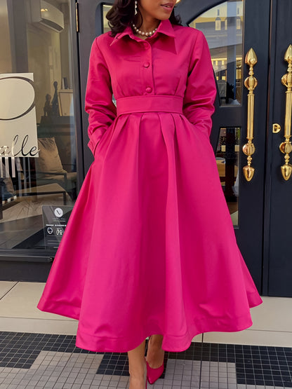 Large Swing Solid Color Lapel Long Sleeve A- line Skirt Dress