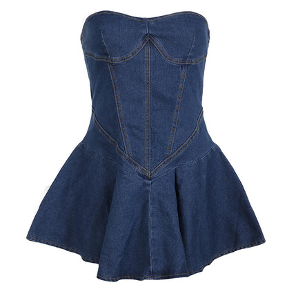 Skinny Slimming Sexy Featured A- line Denim Dress Short Skirt