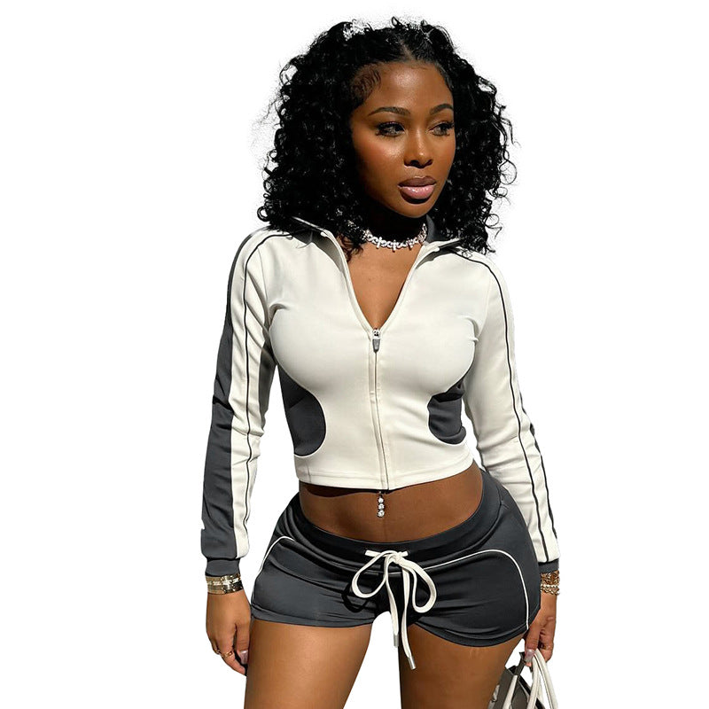 Autumn New Sports Style Tight Hooded Long Sleeve Super Short Shorts Casual Suit